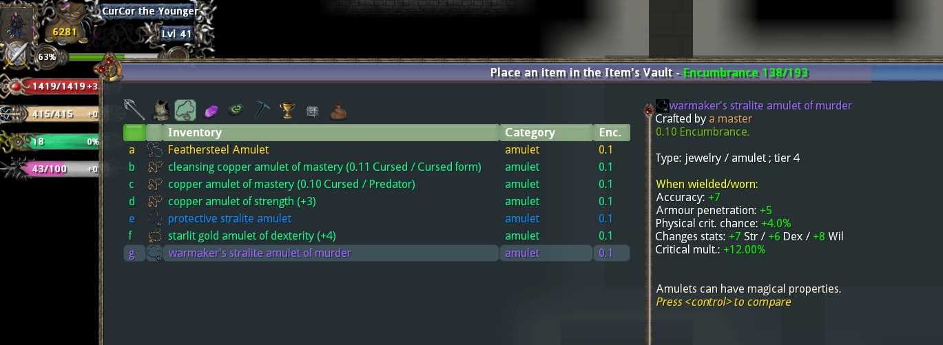 Item chooser for the item vault