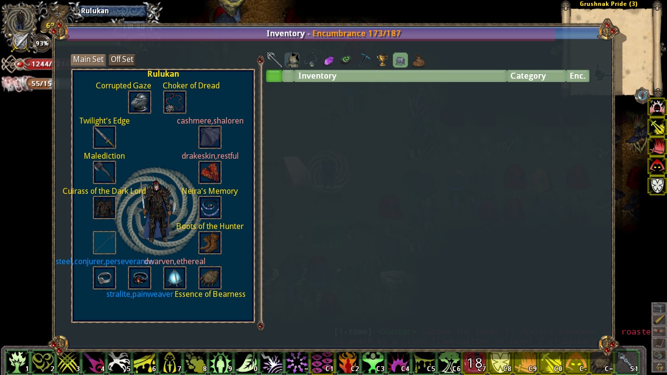 A screenshot of my character's equipped items and encumbrance level at the time of this bug.