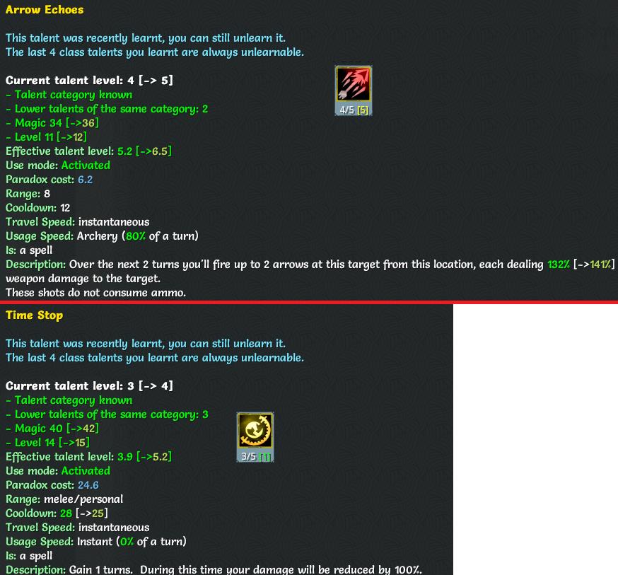 Arrow Echoes should be 4 turns, Time Stop should be 2 or 3.