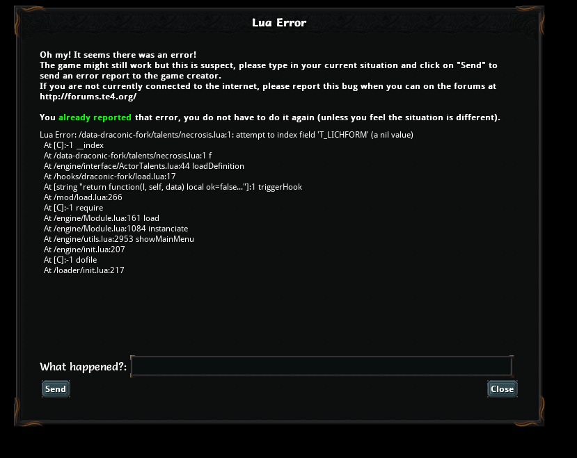 screenshot of the error code