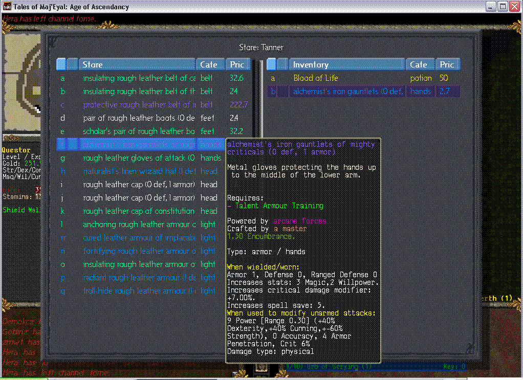 Screenshot with Iron Gauntlets for sale in Tannery being hightlighted.